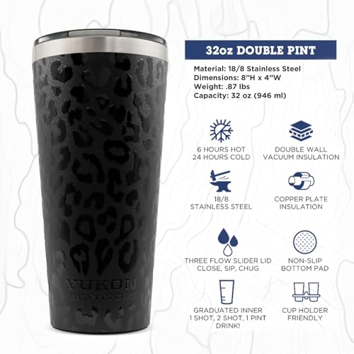 Yukon Outfitters 32oz Double Pint Insulated Tumbler Black Leopard 32 Ounces