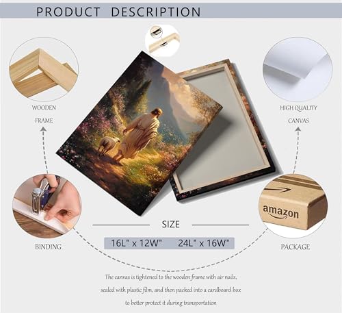 ZWTJPLN Jesus & Lamb on Path Canvas Wall Art - Christian Religious Decor (12x16/16x24 Inches) for Home, Church & Prayer Spaces Canvas Sheep 16"L x 12"W
