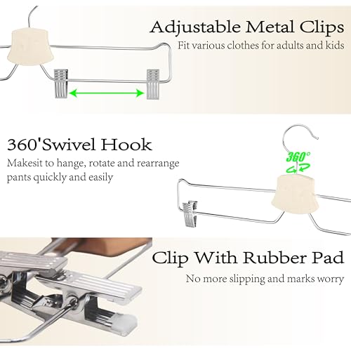 10 Pack Pants Hangers, 14" Adjustable Clip Pant Hanger Heavy Duty with 360°Swivel Hook - Solid Wood & Metal Closet Organizer, Space Saving Hanger for Pants, Skirts, Underwear, Scarves