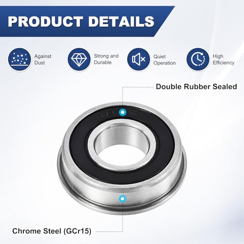 M METERXITY 10-Pack FR8-2RS Flanged Ball Bearing, 1/2" x 1-1/8" x 5/16" Double Rubber Shielded Chrome Steel (GCr15) Flange Rip Bearings for Wheelbarrow/Printer/Fax Machines/Power Tools 1/2" x 1-1/8" x 5/16"