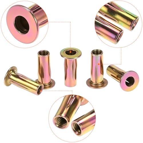 QWORK 5/16-18 multi-grip rivet nuts, 50-pack flat head threaded inserts with gold zinc finish