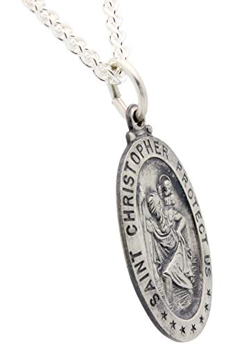 All Patron Saints Antiqued St Christopher Medal Necklace – Solid Sterling Silver Oval Medallion and Chain – Personalized Engraving – Gift Box Size 21 x 14 MM (Dainty)