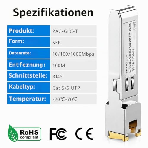 OFFCUP 1.25GBase-T SFP+ Transceiver, 1.25Gb Copper SFP+ Module, Cat.5/6, up to 100 m, Compatible with Cisco SFP-10G-TS, Ubiquiti UF-RJ45-10G MikroTik S+RJ10 Netgear TP-Link Supermicro Supermicro D-Link 2 stuks - 100M