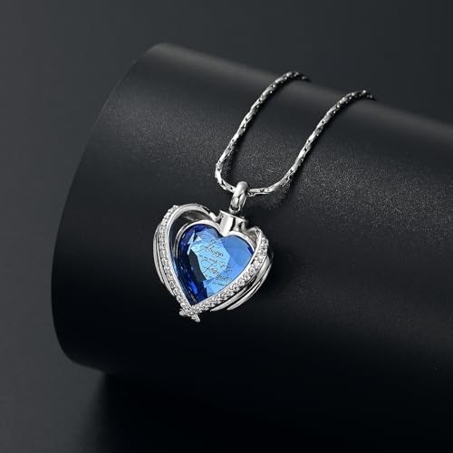 Cremation Jewellery for Ashes Pendant Crystal Heart Urn Necklace with Mini Keepsake Urn Memorial Ash Jewellery Silver blue-always
