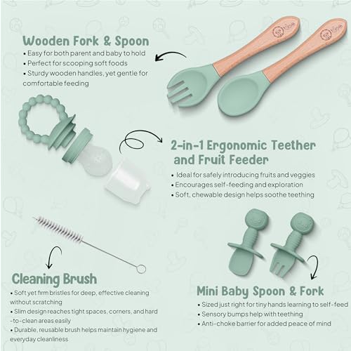 O'doe Baby Weaning Set – 15 Pcs Silicone Baby Feeding Set with Suction Plate, Bowl, Bib, Sippy Cup, Fruit Feeder & Freezer Tray – Baby Plates and Bowls Set for 3M+ | BPA-Free Baby Dishes & Utensils Green V5: Nurture Pack [15 Pieces]