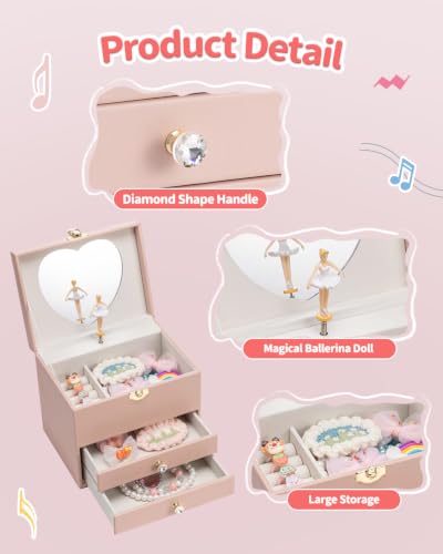 VLANDO 3 Layer Musical Jewelry Box for Girls, 2 Large Drawers Storage Pink