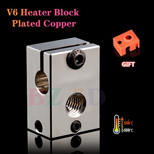 2PCS V6 Plated Copper Heater Block,Prusa i3 MK2,MK2.5,MK3,MK3S+ 500℃ High Temperature PT100 V6 Heating Block With Silicone Socks for V6 Hotend,V6 Heatbreak,Heatsink,V6 Nozzles. 2pcs Plated Copper