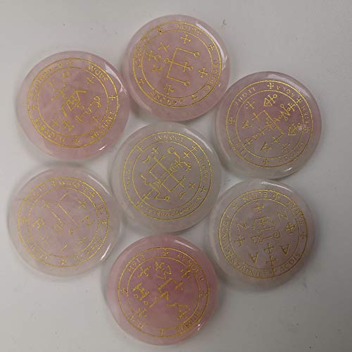 7 Piece Archangel Engraved Crystal Stone Set, Natural Gemstone Palm Disc with Gold Magic Symbols, Spiritual Decor Meditation Pocket Stone Gift Set,Rose Quartz Rose Quartz