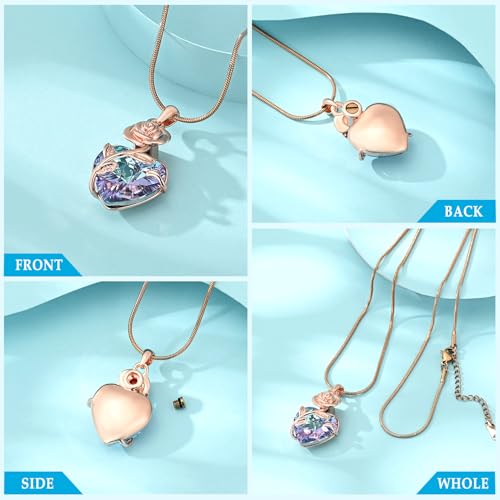 Hearbeingt Rose Crystal Heart Urn Necklace for Ashes Cremation Jewelry Rosegold-purple stone