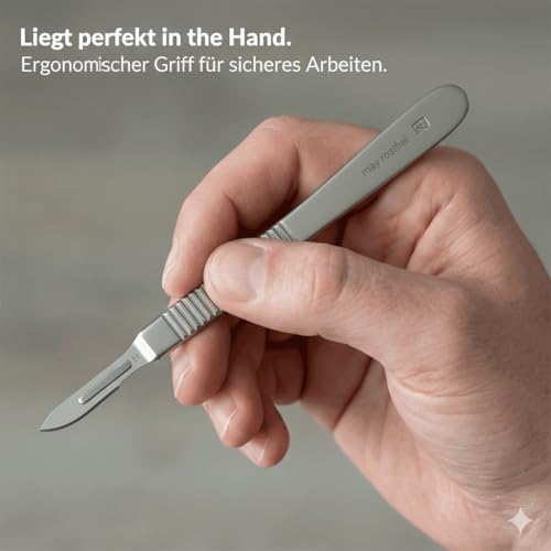 May Scalpel Set: Stainless Steel Handle No.3 and 10 Carbon Steel Blades | Precision knife for crafts, model making and foot care. 13 cm alloy steel handle with 10 sterile blades. Figure 10.