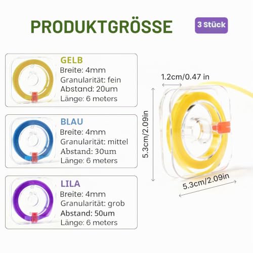 3 Volumes Tooth Sandpaper Interdental Spaces in Purple, Blue and Yellow, Ideal for Spaces, Teeth Polishing and Oral Hygiene (4 mm x 6 m)