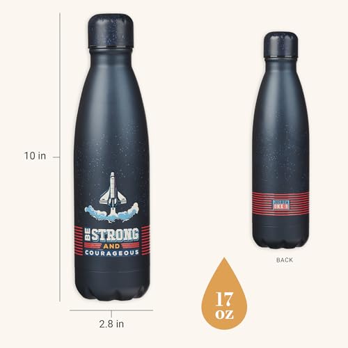Christian Art Gifts Slim Stainless Steel Water Bottle For Boys: Strong & Courageous Inspirational Scripture, Double Wall Vacuum Insulated, Navy Blue Space Design, 17 oz. Navy Blue/Strong & Courageous