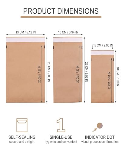 Kraft Paper Sterilisation Bags 60 Pieces | Set: 75 x 150, 100 x 200, 130 x 200 mm | Self-Sealing, Disposable | For Hot Air & Steam | Dental, Laboratory, Medical Hygiene