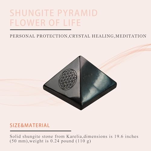 Authentic Shungite Stone Polished Pyramid 2" with Flower of Life Engraving Symbol | Raw Shungite Figurine Home Protection Room Decor Office Desk Decor Black Pyramid (Flower of Life)