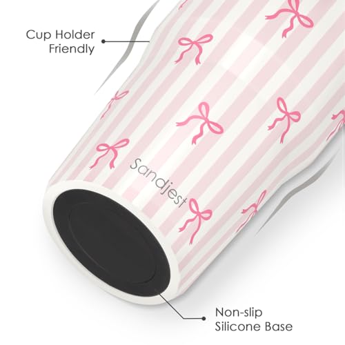 SANDJEST Bow Stainless Steel Straw Lid Tumbler 30oz with Carry Handle for Women Girls, Aesthetic Insulated Travel Coffee Cup, Gift for Sports Workout Christmas Birthday Bow 1