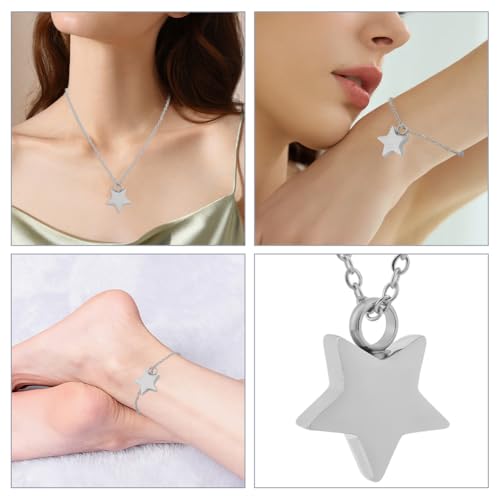 CREATCABIN Star Urn Necklace for Ashes Keepsake Cremation Jewelry Stainless Steel Urns Pendant Mini Urn Jewelry Silvery Star Necklace Ashes Holder Lockets with Funnel Pin for Women Men 17.99 Inch