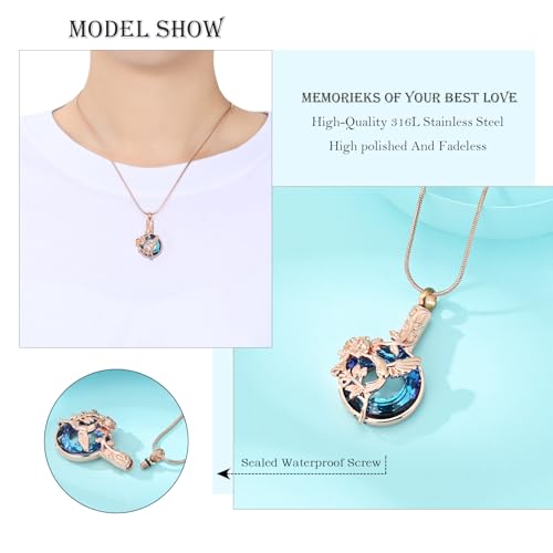 Hearbeingt Hummingbird Urn Necklaces for Ashes Cremation Jewelry for Women Rosegold-blue