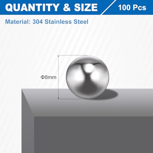 sourcing map 8mm Bearing Balls, 100 Pcs 304 Stainless Steel G100 Precision Balls Metric Mixing Balls for Bearings Bicycles Casters (Mirror Finish)