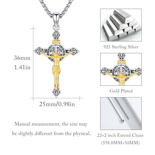 Crucifix Necklace for Men 925 Sterling Silver Jesus Cross Necklace Crucifix Cross Pendant Protection Jewelry for Men Women B02-St Benedict