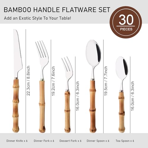 30PCS Silverware Set for 6, Bamboo Handle Flatware Set, Stainless Steel Cutlery Set for Home Restaurant and Party, Bamboo Forks Spoons and Knives Set, Polished Tableware 30-Piece Service for 6