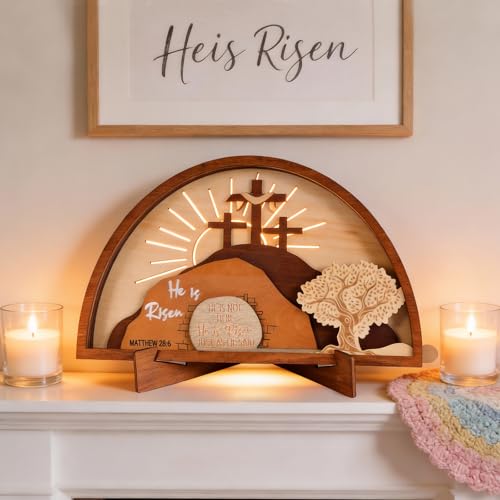 Empty Tomb Easter Scene and Christian Cross Decoration, He Is Risen Decor Wood Easter Resurrection Scene Set for Tray, Jesus Nativity Scene Decor for Religious Home Mantels Tabletop Christian Gifts
