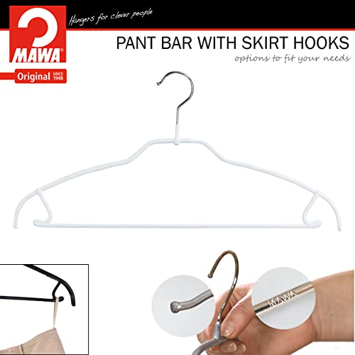 Mawa by Reston Lloyd Silhouette Ultra-Thin Series, Non-Slip Space Saving Shirt Hanger with Pant Bar & Skirt Hooks, Style 42/FTU, White Pack of 10