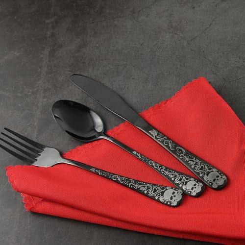 Skull Black Silverware Set for 4, 20-Piece Black Flatware Set, Gothic Skeleton Cutlery for Decoration, Halloween, Christmas, Party, Gift, Housewarming Skull Serving for 4