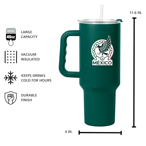 Logo Brands Soccer 40 oz Tumbler with Handle - Powder Coated-Stainless Steel with Straw – Leak-Resistant, Keeps Drinks Cold – Everyday Use – Great For Soccer Fans Mexico