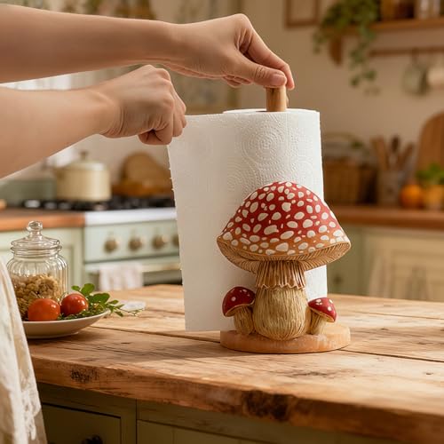 Mushroom Paper Towel Holder, Decorative Paper Towel Holder for Kitchen, Standing Paper Towel Holders Cute, Wood Roll Holder for Kitchen Accessories,Bathroom,Farmhouse,Christmas,Housewarming Mushroom