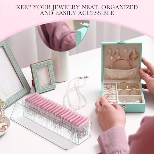Kenning 42 Pcs Acrylic Jewelry Case Organizer, Clear Jewelry Organizers Holder with Portable Anti Tarnish Storage Bags for Rings, Earrings, Necklaces, Ideal Gifts for Women (Pink) Pink