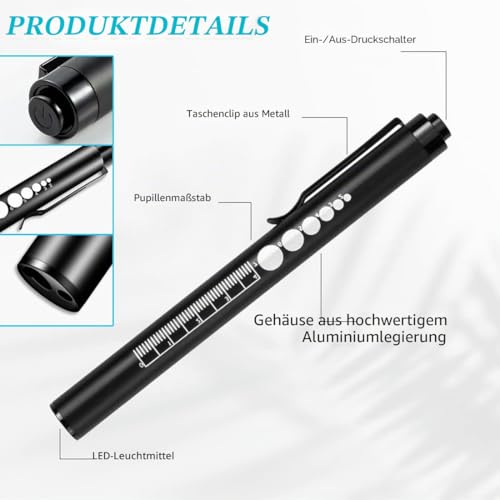 LEKIA Pupil Light Medicine, Diagnostic Light Nurse Emergency Service Accessories with Pupil Meter and Ruler, Rechargeable USB LED Pen Lamp for Nurses Students Doctors 1 Piece, Black