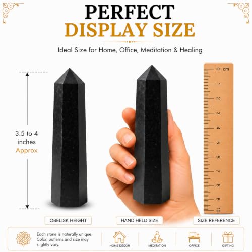 Jet Black Tourmaline Obelisk Tower (Approx. 3-3.5 Inch) – Natural Polished Black Gemstone Crystal Decorative Piece for Home & Office (Set of 2)