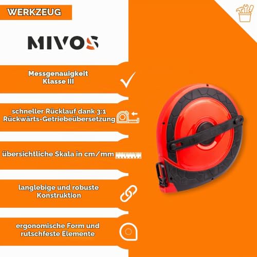 MIVOS Tape Measure 20 m – Robust Tape Measure – Folding Crank – Roll Meter – Fibreglass – Quick Tape Retraction – Rubberised, Non-Slip Inserts – ABS Plastic Housing 20m x 15mm