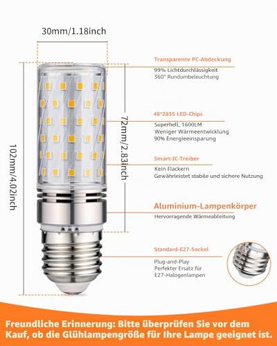 16 W LED Light Bulb E27 Neutral White 4000 K LED Bulb E27 Extra Bright Pack of 4 | 1600 lm LED bulb E27 narrow, equivalent to 150 W halogen lamp, AC 220-240 V, not dimmable, 30,000 hours