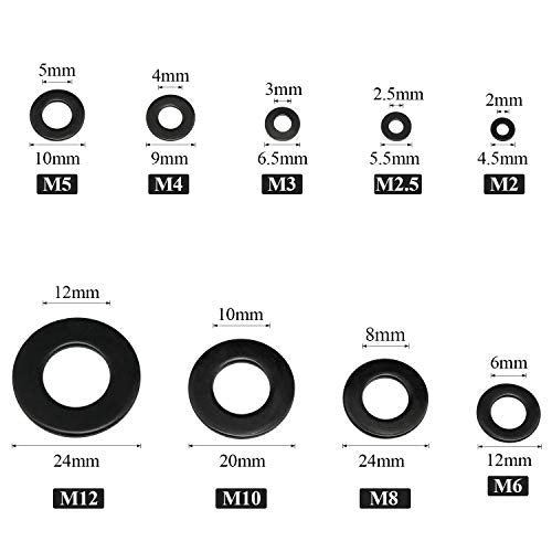 Sutemribor black zinc plated alloy steel flat washers assortment set, 580 pieces in 9 metric sizes