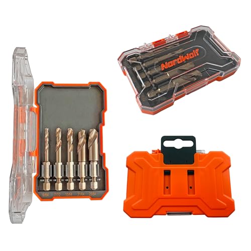 NordWolf 5-piece M35 cobalt stubby hex-shank drill bit set in storage box for stainless steel and hard metals