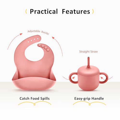 Bufims 9-piece silicone baby feeding set in pink with flatware, ideal for baby-led weaning, featuring bowls, spoons, and utensils.
