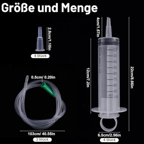 Syringe 100 ml, Pack of 4 Large Syringes with Hose 1 m, Plastic Syringes | Without needle, independently packaged dosing syringe 100 ml for experiments, pet feeding and industrial applications