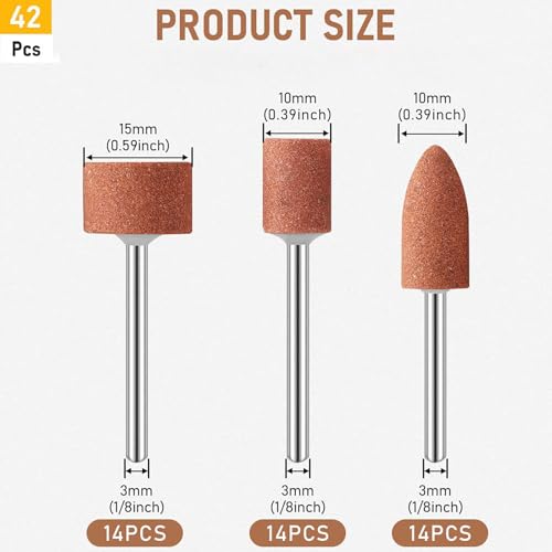 42 pieces corundum grinding tip set, grinding attachment, 1/8 inch shank size | Stone grinding polishing head grinding wheel head drill for use on gemstones, glass, metal and wood