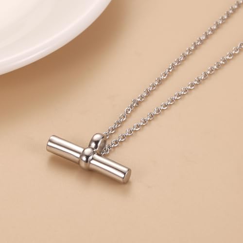 Minimalist T Bar Cremation Urn Necklace For Ashes Of Loved Ones Stainless Steel Keepsake Memorial Pendant For Women Silver