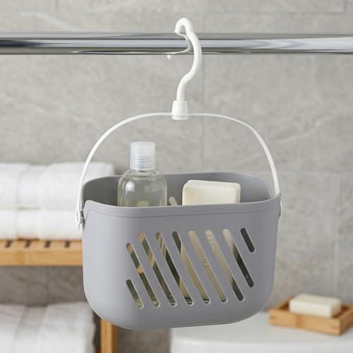 DOITOOL Hanging Hanging Shower Basket, Portable Plastic Shower Caddy Storage Basket with Rotatable Hook, Bath Tub Toy Holder Small Bathroom Organizer for College Dorm Bathroom Kitchen Grey