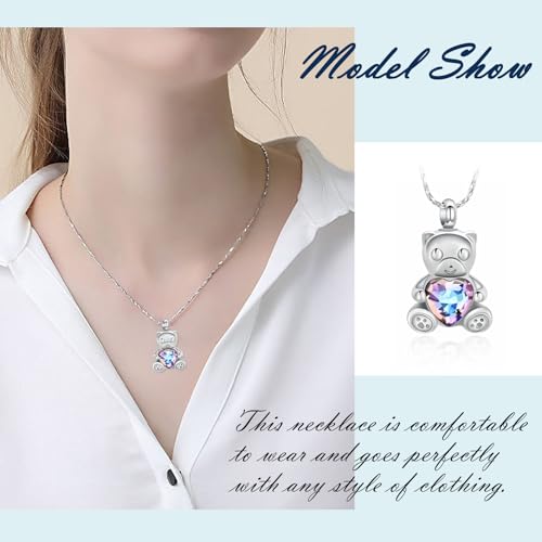 Imrsanl Teddy Bear Cremation Jewelry for Men Women Crystal Heart Memorial Urn Necklaces for Ashes Pendant Human Pet Ashes Holder Keepsake Silver Purple