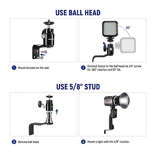 NEEWER 2 Pack E Type Wall Ceiling Mount, Ring Light Wall Mount Bracket with Detachable Ball Head, 5/8" Stud, 1/4" Screw for Flash Strobe Camera Monitor Studio Lighting, Max Load: 4.4lb/2kg, TS007