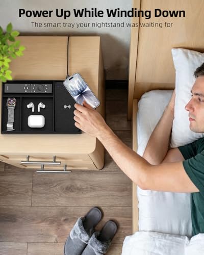 Valet Tray with Wireless Charger, Nightstand Organizer & Catchall Tray for Phone, Keys, Glasses and Accessories, Premium Linen, Stylish Desk & Bedside Storage Station, Black Black linen Single Charger