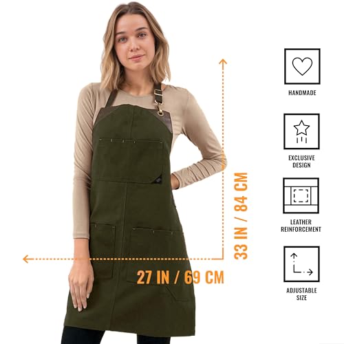 Under NY Sky green knife roll apron made of heavy-duty canvas with leather support, designed for safe knife storage and transport.