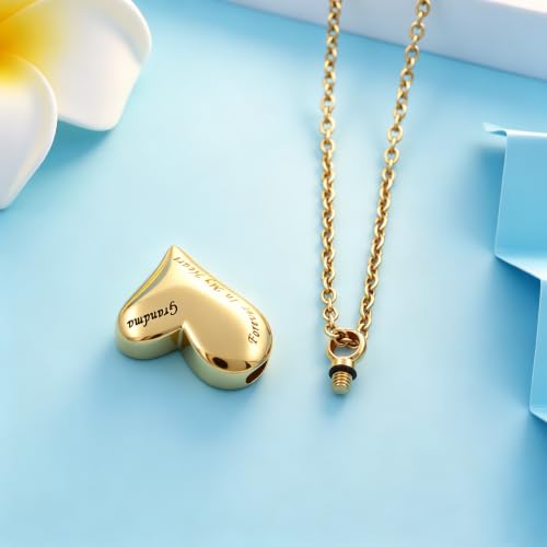 Heart Cremation Urn Necklaces for Ashes 'Forever in My Heart' Engraved Dad Mom Grandpa Grandma Keepsake Jewelry for Ashes Holder Human Ashes Locket Memorial Urn Pendant Necklace Gold-Grandma