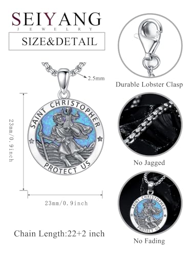 Seiyang 925 Sterling Silver Patron Saint Pendant Necklace Amulet Medals Religious Jewellery Gifts for Men Women (with Gift Box) A01-St Christopher Blue Opal