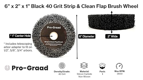 Pro-Graad 6-inch black 40 grit Strip & Clean non-woven flap brush wheel, 2-inch wide with 1-inch arbor hole