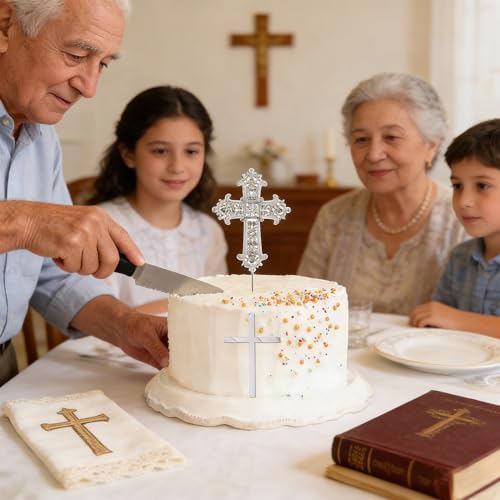 Cross Cake Topper - 2PCS Baptism Cake Topper with Rhinestone and Acrylic Designs, Glitter Cross Religious God Bless Cakes, Christening Decorations for Birthday Baby Shower Crossing Toppers Sliver