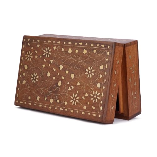 Ajuny Hand Carved Wooden Decorative Jewelry Storage Box with Floral Carvings Design Brass Inlay Keepsake Travel Treasure Chest Trinket Holder Organiser Great Gifts 8 x 5 Zoll